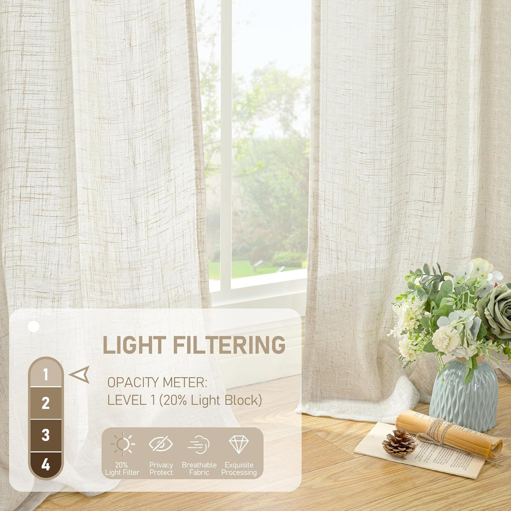 Natural Ivory Linen Semi Sheer Curtains 84 inch Length, Cream Light Filtering Soft Thick Neutral Living Room Drapes with Bronze Grommet for Bedroom/Farmhouse, 2 Panels, 52 x 84 Inch