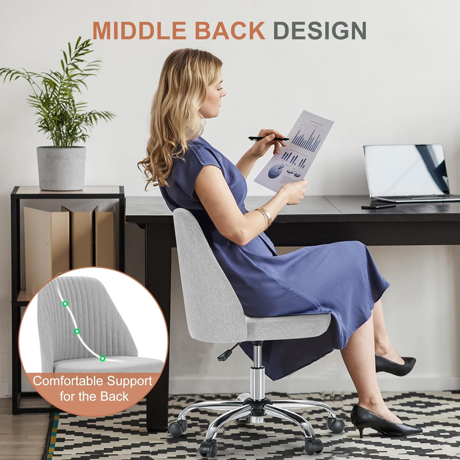 Office Chair, Comfy Desk Chair Rolling Vanity Swivel Task Chairs with Wheels, Wide Seating Armless Height Adjustable Computer Chairs for Home,Bedroom,Student,Adults, Classic Grey