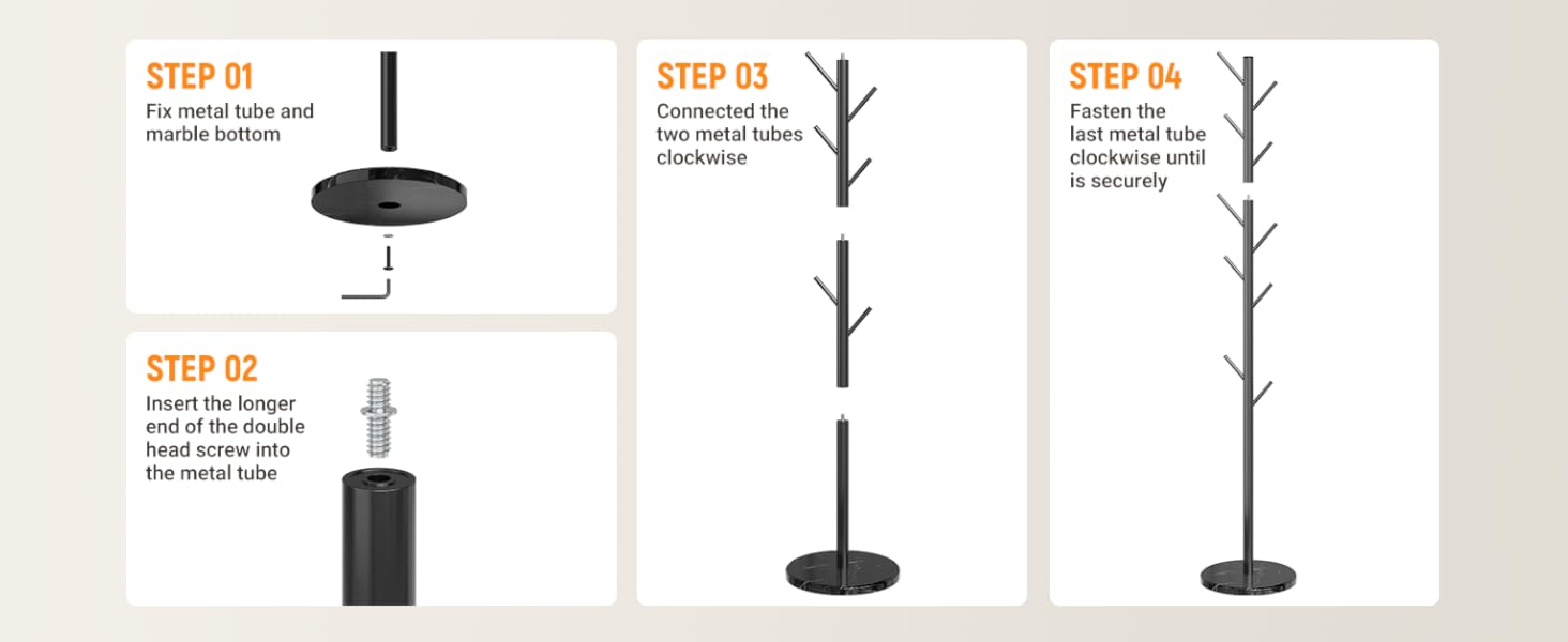 Coat Rack Freestanding with Natural Marble Base, Metal Coat Rack Stand with 10 Hooks, 3 Adjustable Size Coat Tree for Bags, Clothes, and Hats for Entryway, Bedroom, Hallway, Office, Black