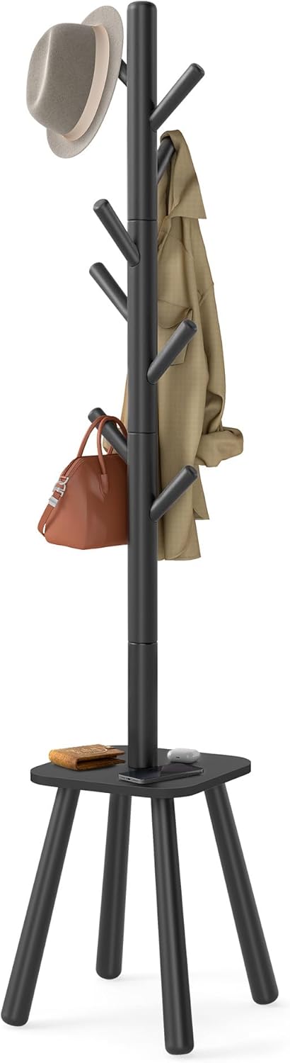 Coat Rack, Free Standing Coat Stand, Hall Coat Tree with 8 Hooks and Storage Shelf, 67.2 Inch Tall, for Coats, Hats, Bags, for Entryway, Hallway, Bedroom, Caramel Brown URCR040K01