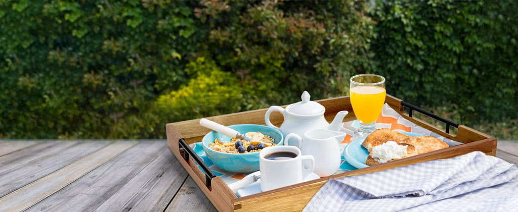 22 Inches Acacia Wood Serving Tray with Metal Handles, Large Wooden Rectangle Ottoman Tray, Decorative and Durable Design for Living Room Coffee Table Couch Kitchen