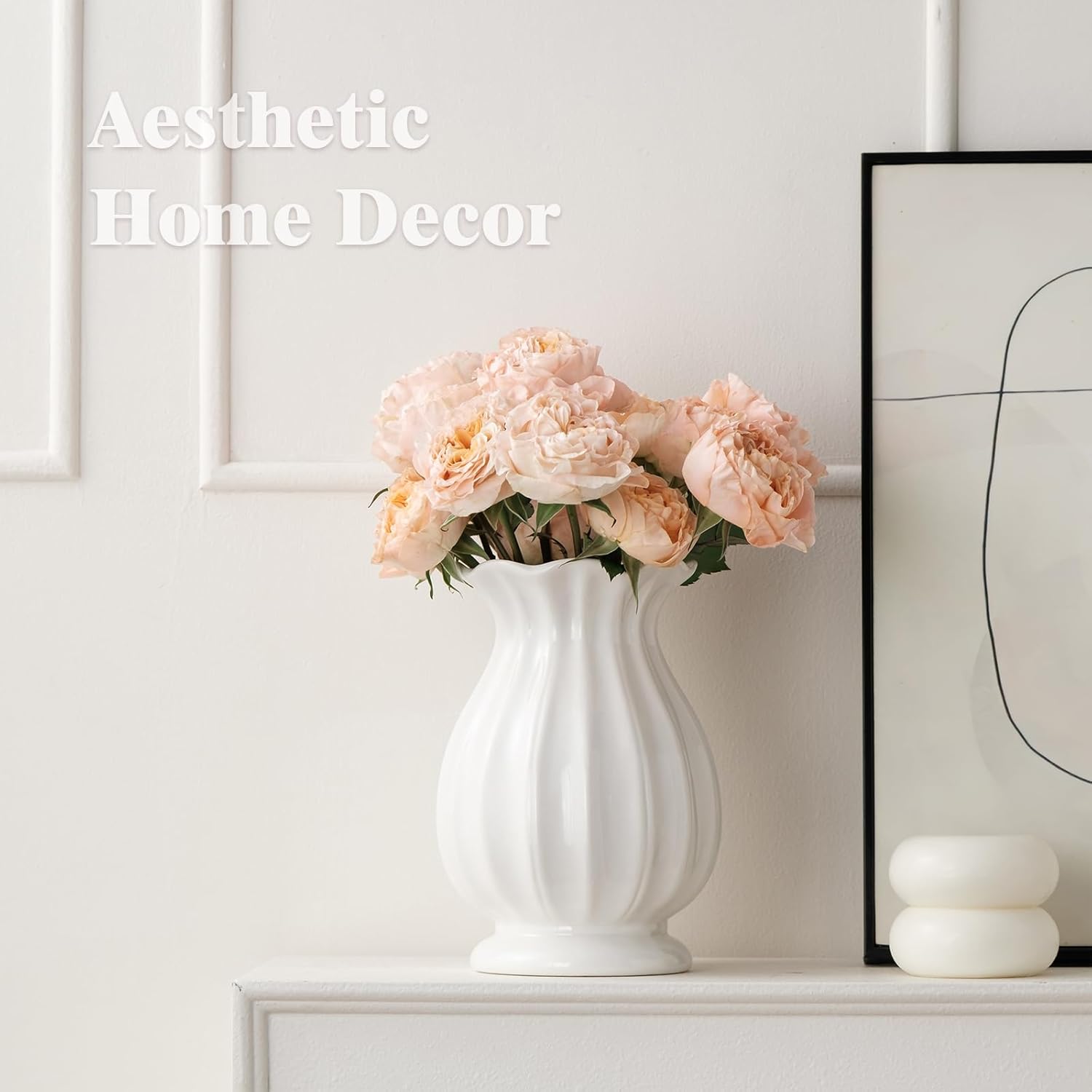 White Ceramic Vase, 7.8 Inch Flower Vase Home Decor Modern Decorative Vases for Bouquet, Unique Vases for Farmhouse Living Room Cabinet Table Centerpieces Wedding Decorations