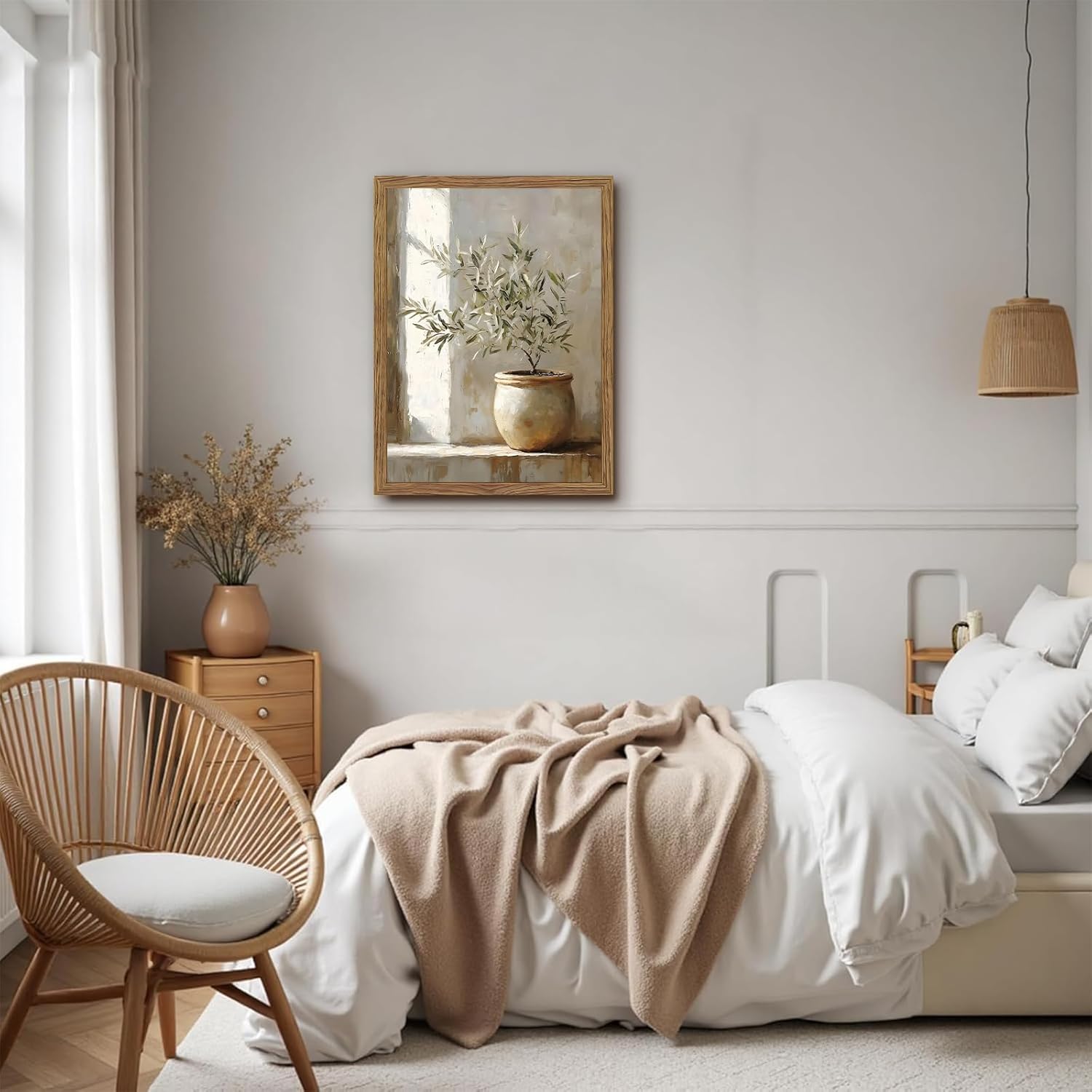 Framed Olive Tree Canvas Wall Art, Neutral Botanical Pictures Wall Decor, Rustic Potted Plant Paintings Prints, Organic Modern Farmhouse Artwork for Living Room Bedroom 8x10 Inch