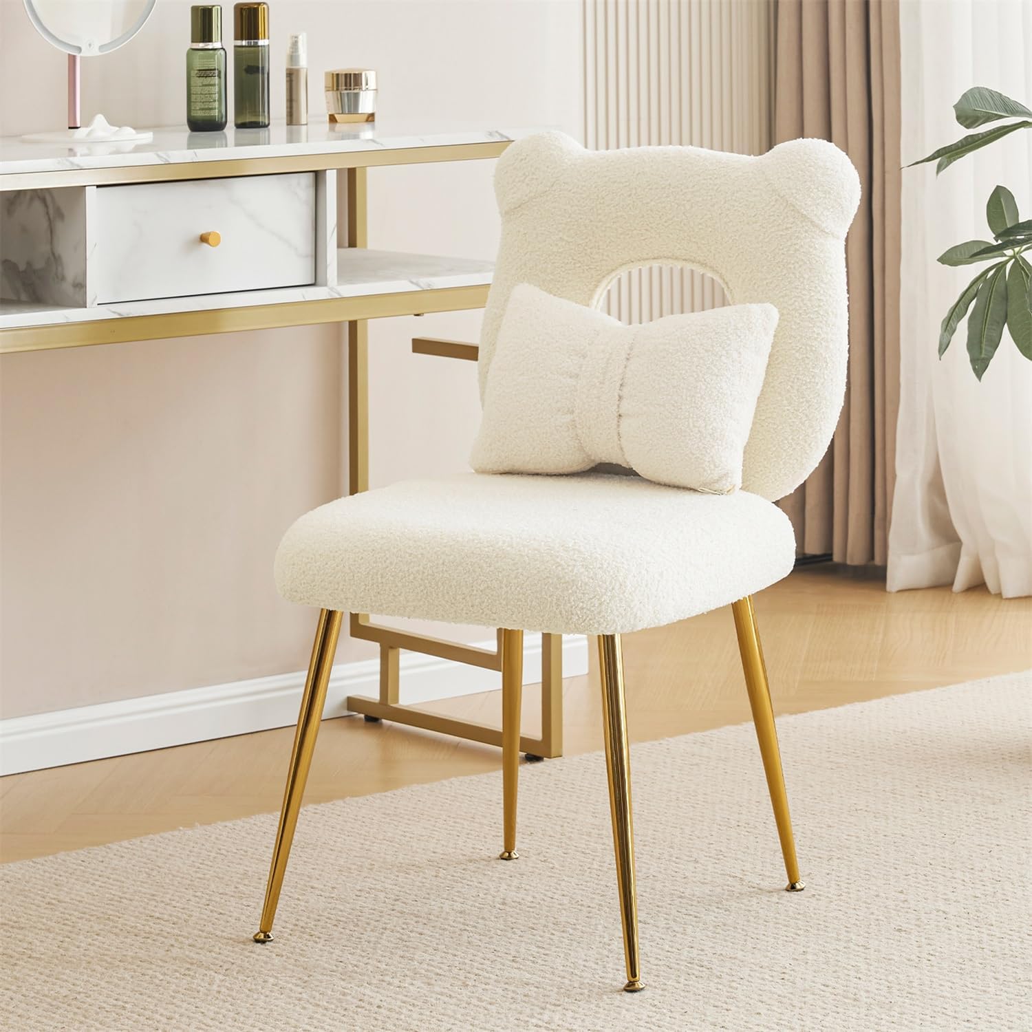 Armless Vanity Chair for Makeup Room, Velvet Vanity Stool with Back, Living Room Chair with Solid Metal Legs for Bedroom, Study Room, Vanity(Khaki)
