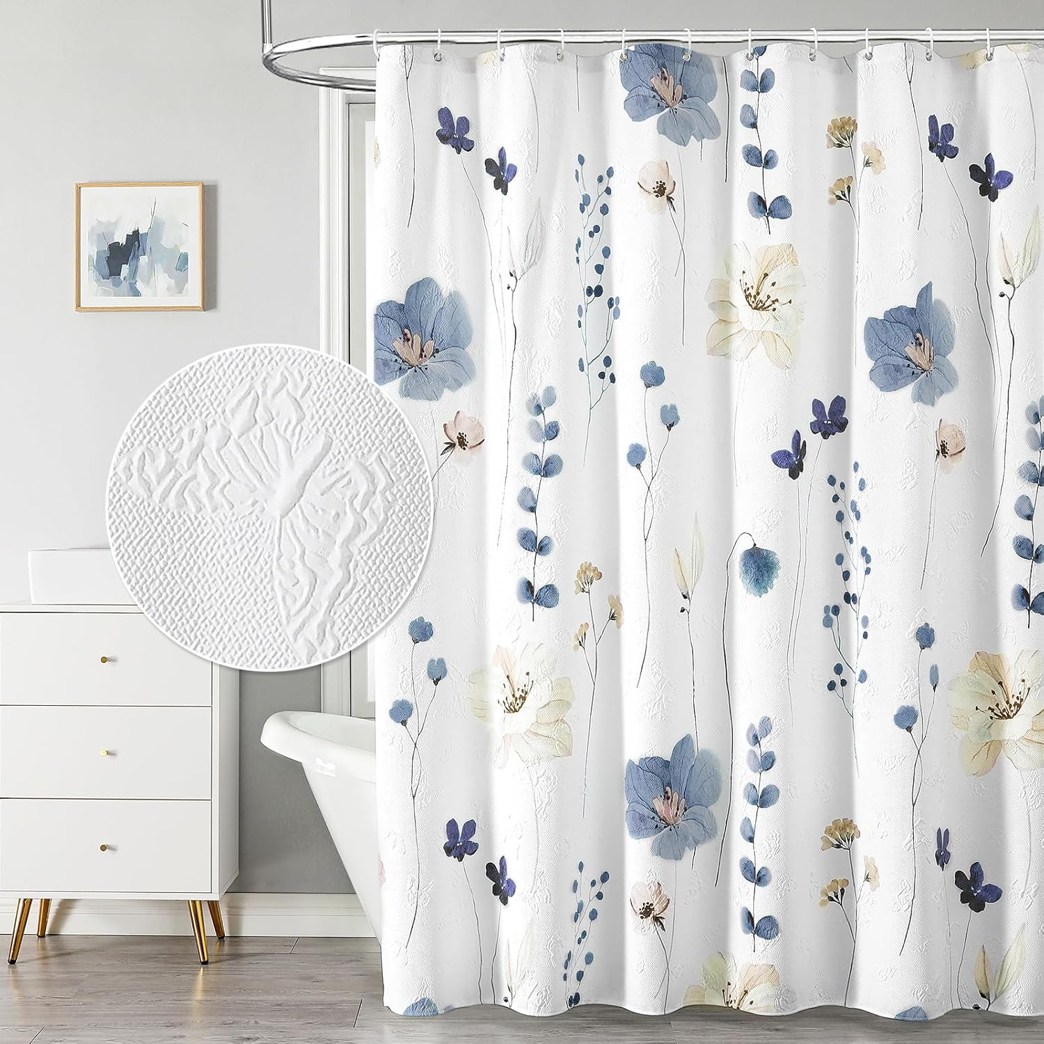 Watercolor Floral Shower Curtain, 3D Embossed Butterflies Grey Beige Flower Bathroom Curtains, Minimalist White Cloth Bath Curtain, Waterproof Fabric Textured Shower Curtain Set with Hooks, 72x72