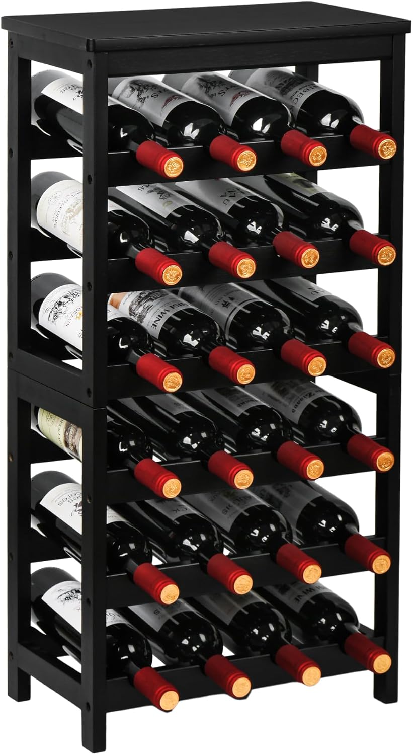 Bamboo Wine Rack, Sturdy and Durable Wine Storage Cabinet Shelf, Wine Racks Countertop for Pantry,Kitchen,3-Tier 12 Bottles Wine Rack Black